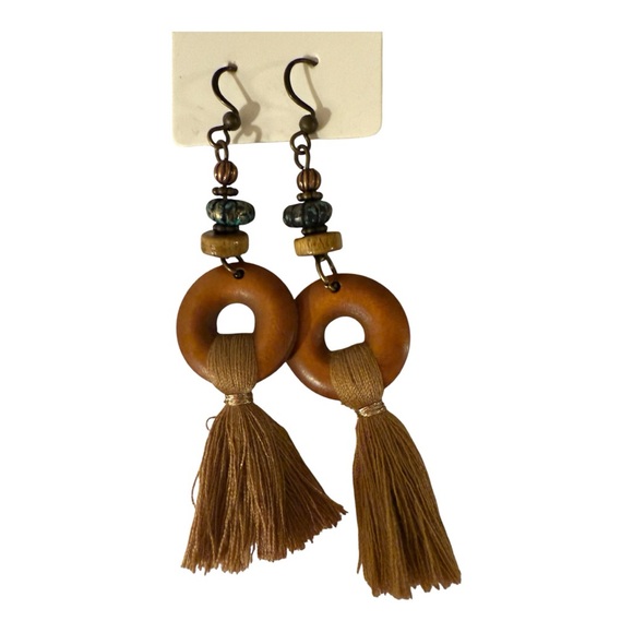 Earthy Bohemian Tassel Earrings with Wood Accents Hippie Style - Picture 1 of 4